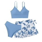 Teen Girl Swimsuit 3 Piece Soild Bikini Set with Skirt Rullfe Bathing Suit Swimwear for Kids Size 13Y